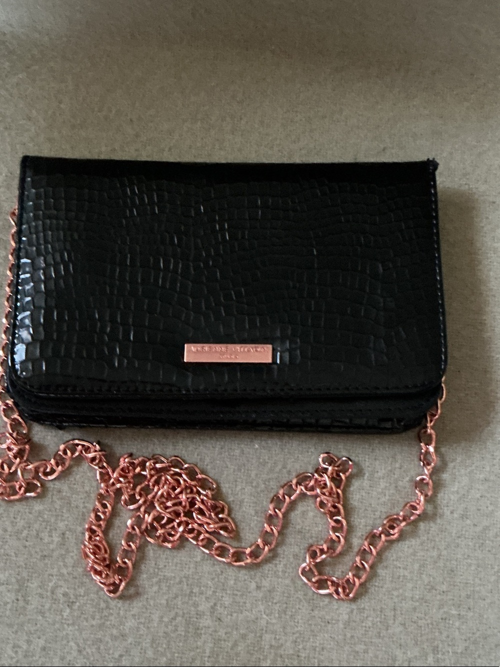 Adrienne Vittadini Black Croc-Embossed Crossbody with Rose Gold Chain Strap